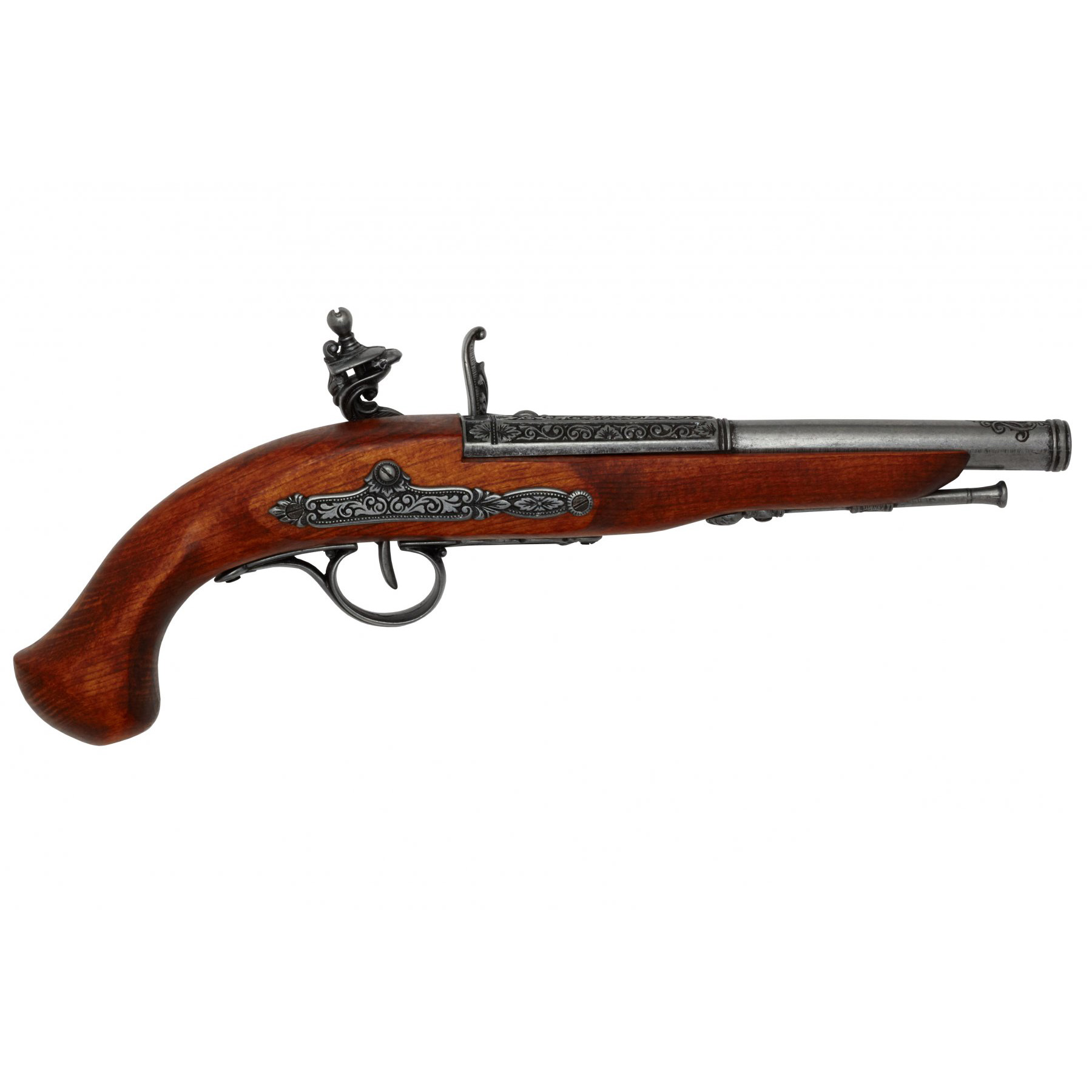 Pistola de chispa zurda siglo XVIII fabricada de madera y metal