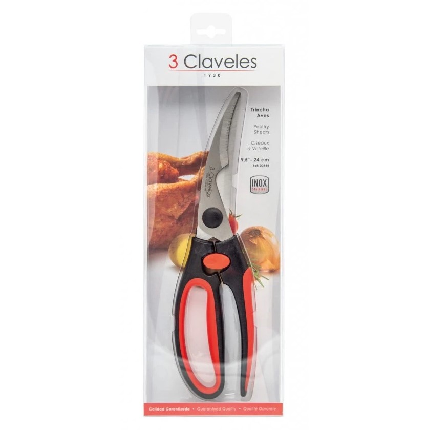 Tijera trincha aves con mango soft grip rojo 3 Claveles de 24 cm