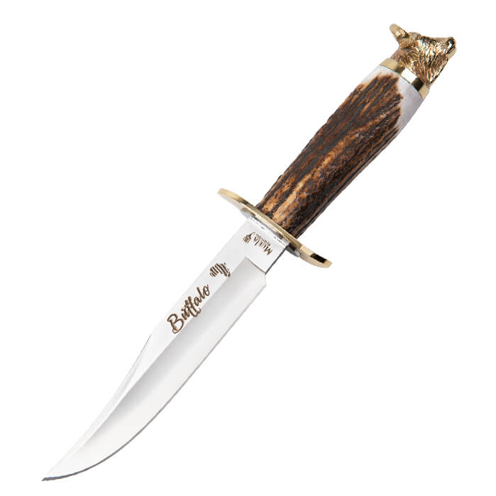 Cuchillo con puño de asta de ciervo, defensa latón e inox y pom...
