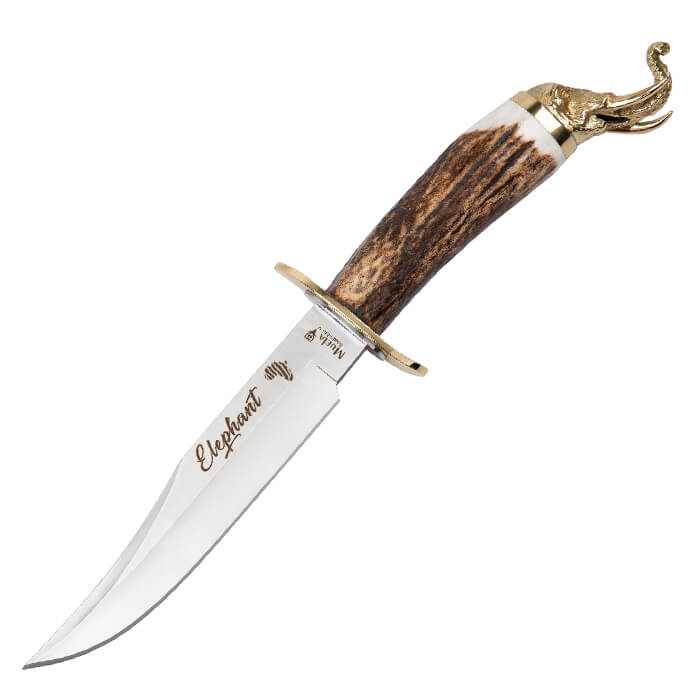 Cuchillo con puño de asta de ciervo, defensa latón e inox y pom...