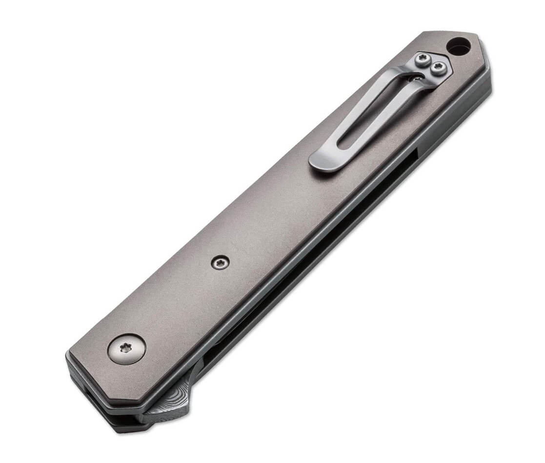 Boker Plus Kwaiken Flipper Damast una navaja de colección de acero damasco y mango de titanio