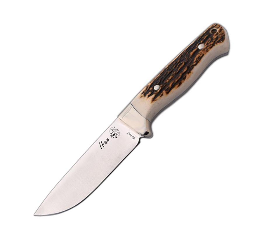 JV Ibex cuchillo de caza con mango de asta de ciervo y funda de p...