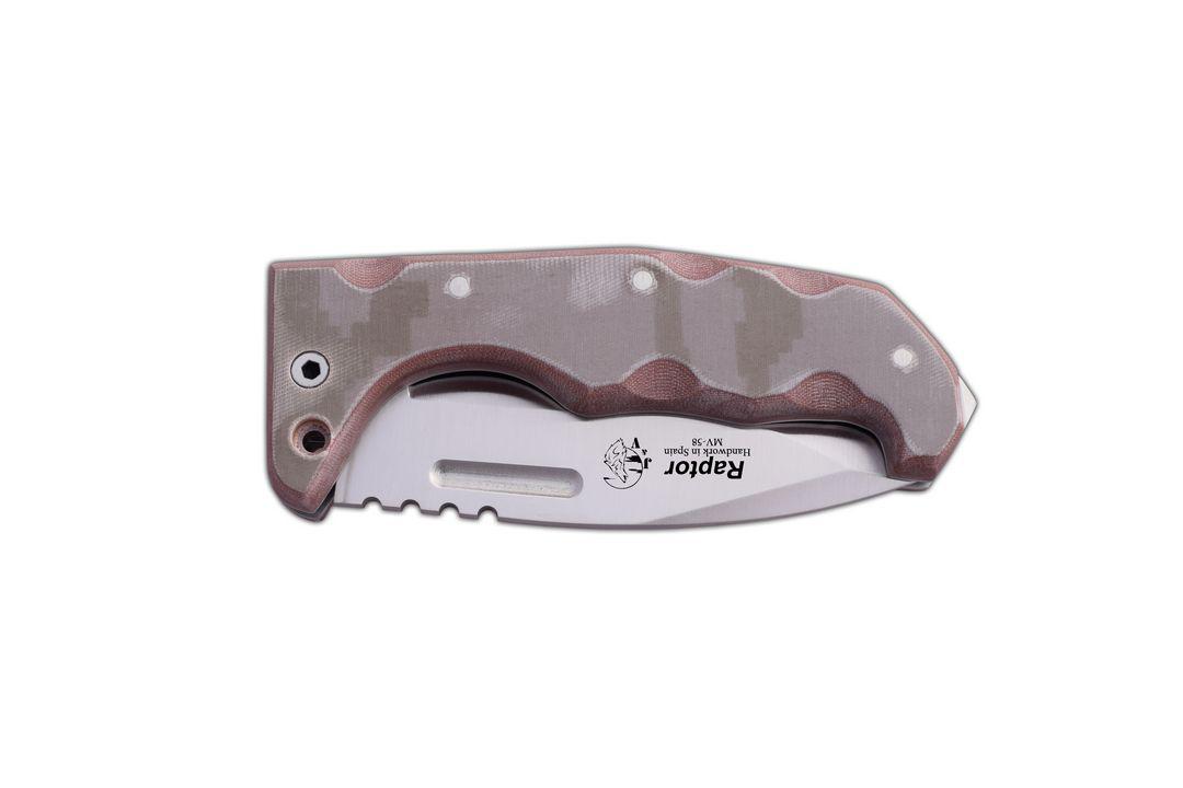 JV Raptor navaja bushcraft con hoja tracker y mango de micarta camo funda cordura multiposición
