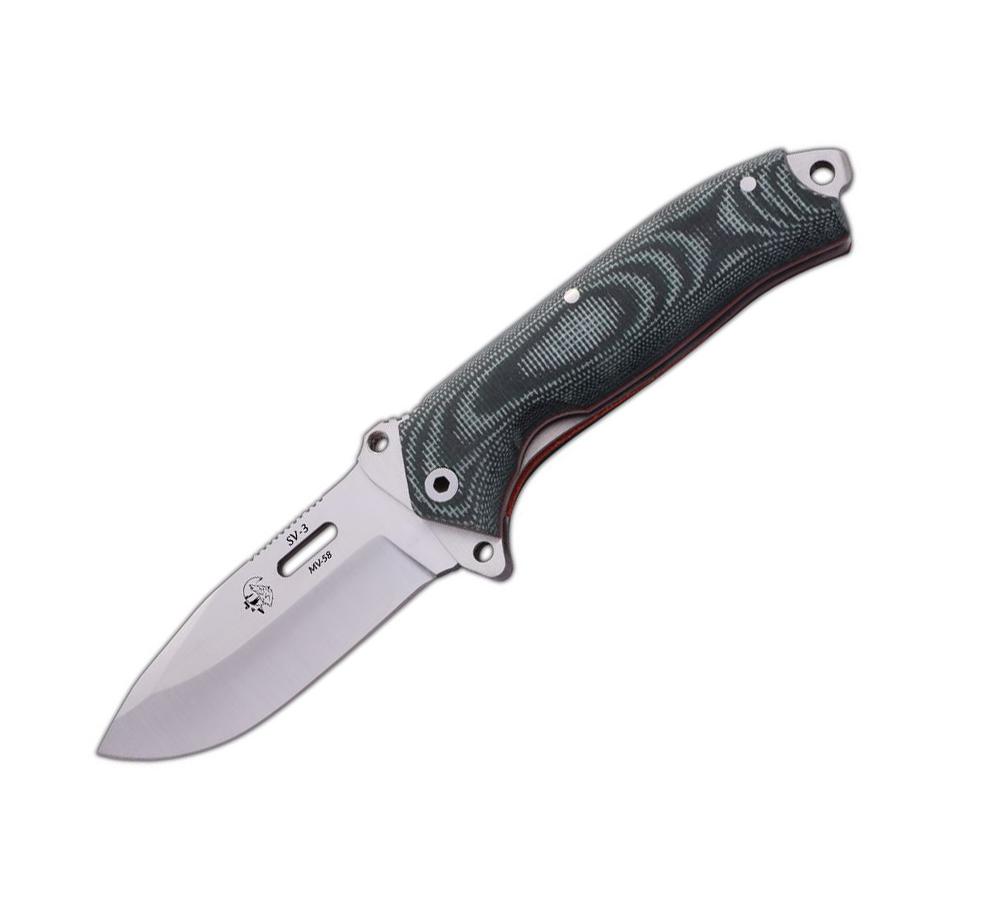 Navaja SV3 JV con mango de micarta verde y funda de piel