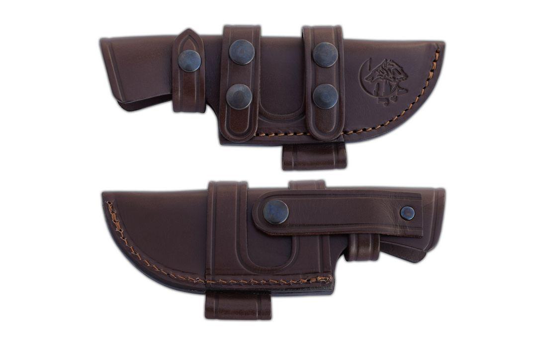 JV Chacal bushcraft cuchillo táctico con mango de madera de abedul y funda de piel multiposición