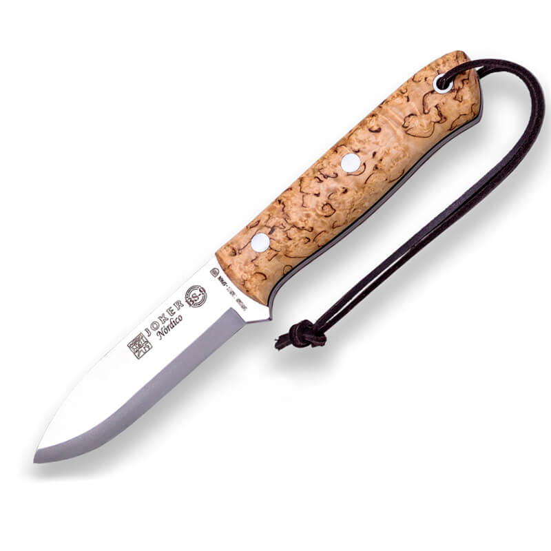 Cuchillo bushcraft BS9 Nórdico Joker con mango de abedul rizado ...