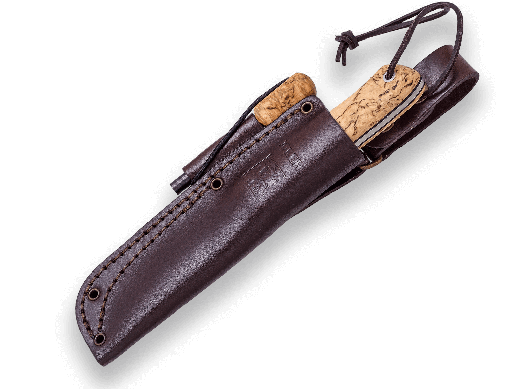 Cuchillo bushcraft BS9 Nórdico Joker con mango de abedul rizado y hoja de Böhler K720 con pedernal