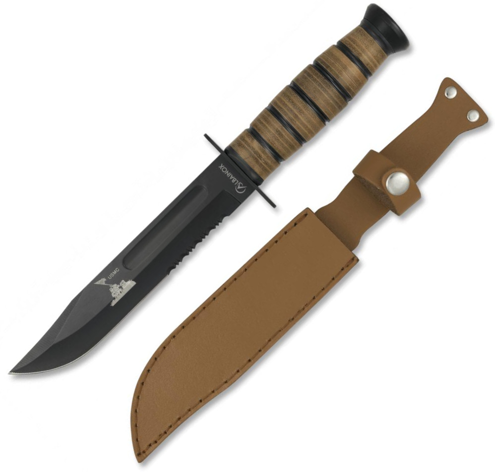 Cuchillo Albainox USMC acabado en negro con funda de polipiel y hoja de 18 cm