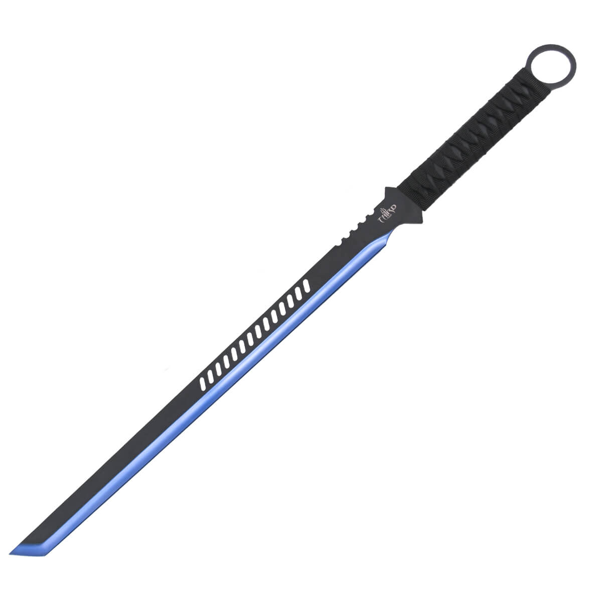 Machete con puño de cuerda trenzada negro y hoja negra con filo ...