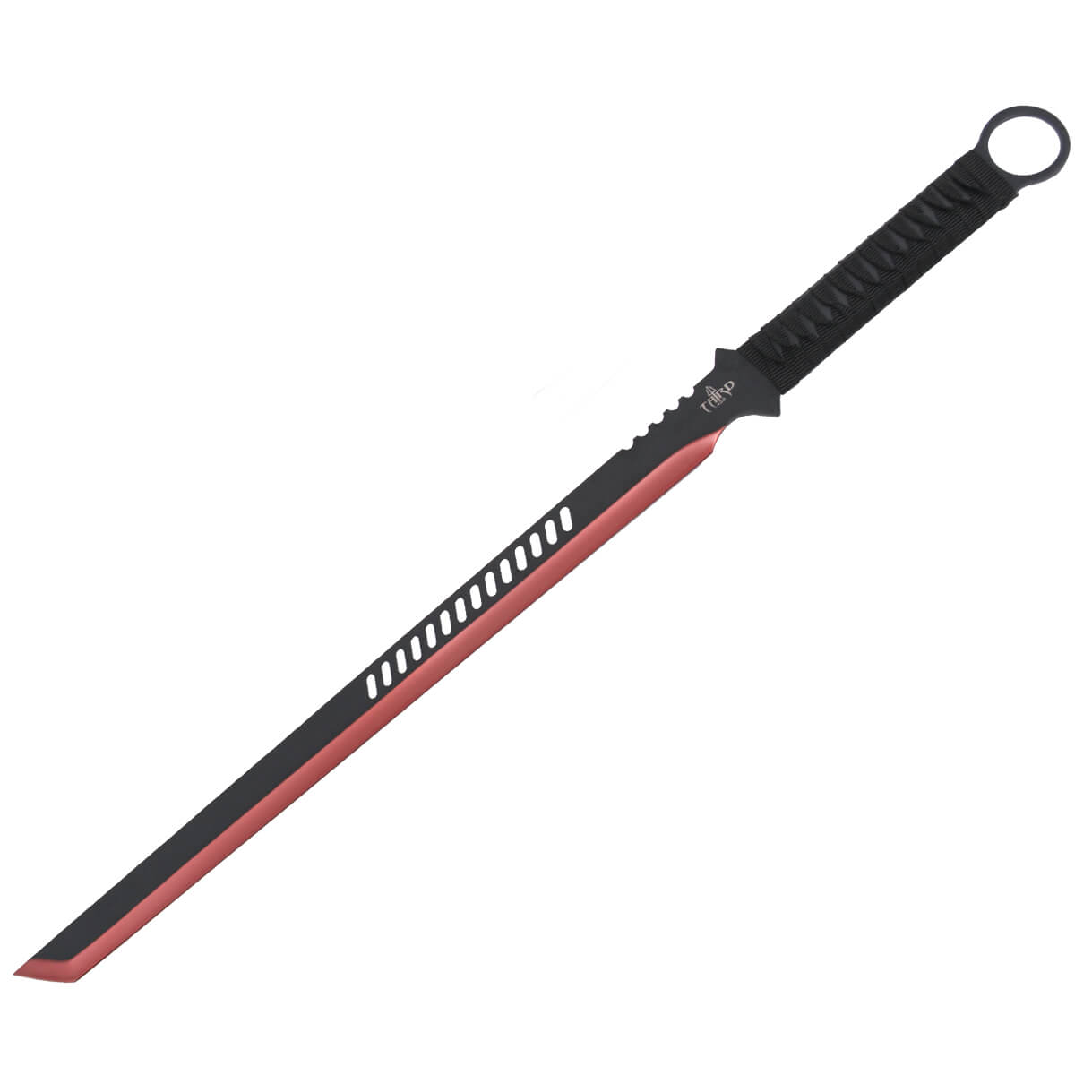 Machete con puño de cuerda trenzada negro y hoja negra con filo ...
