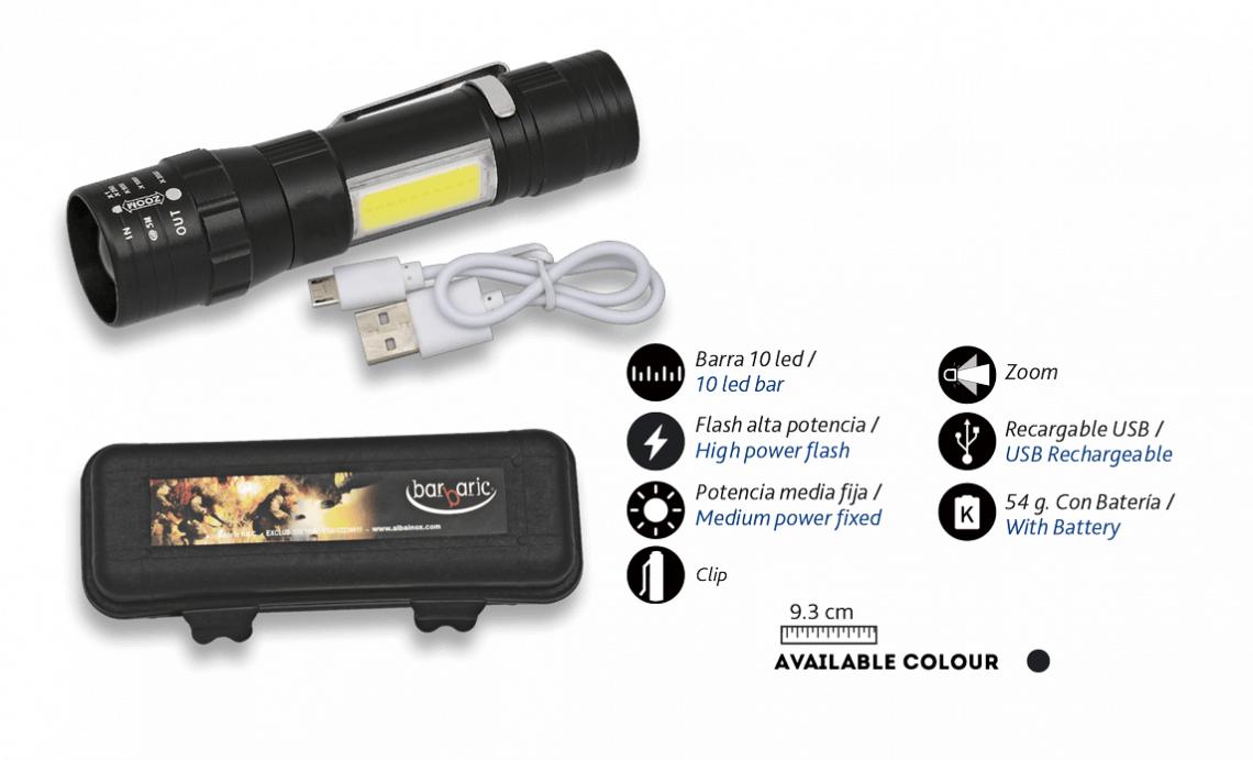 Linterna recargable con Clip, cable USB y peso de 54 gramos