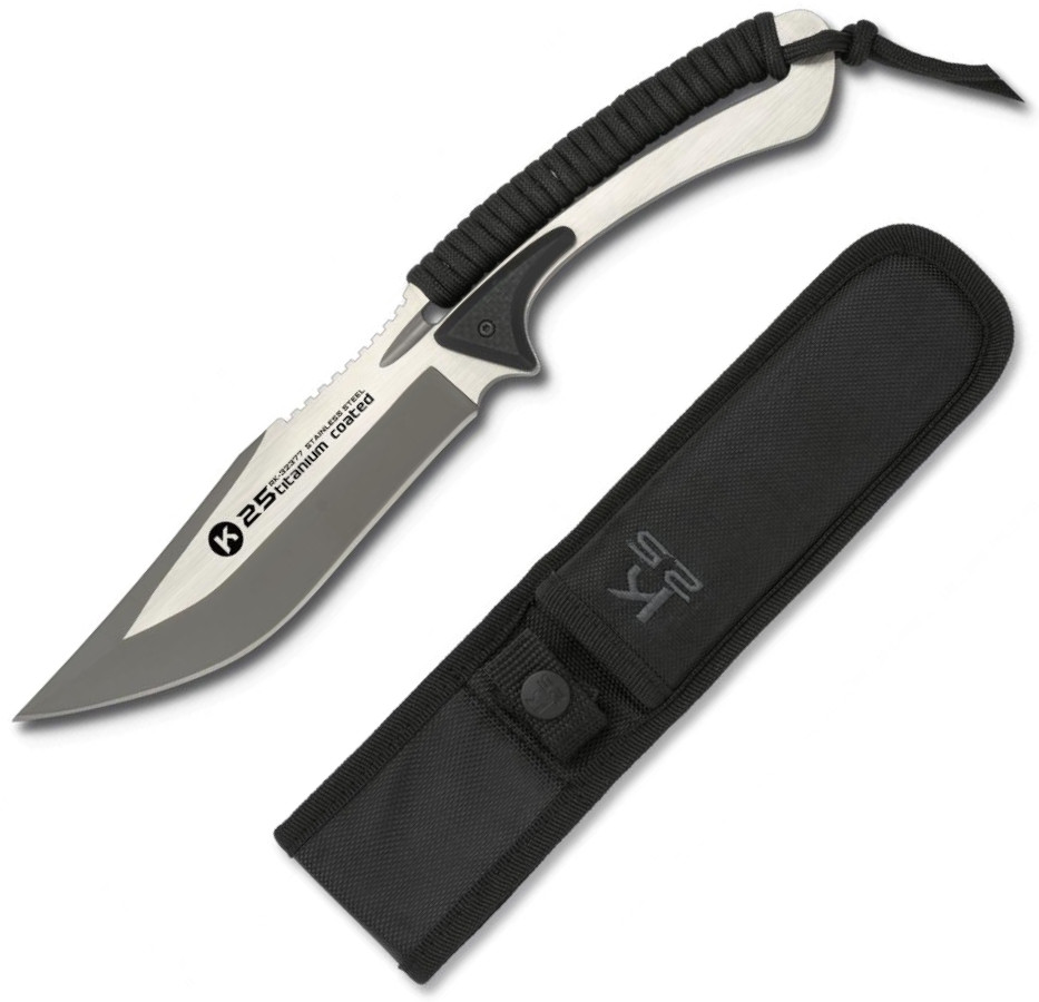 Cuchillo con mango encordado negro K25 longitud total de 25,3 cm y hoja de 13,3 cm