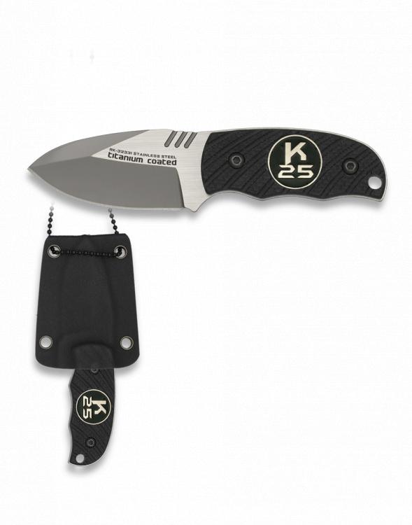 Cuchillo K25 con mango de G10 negro, funda de kydex y longitud total de 12,4 cm