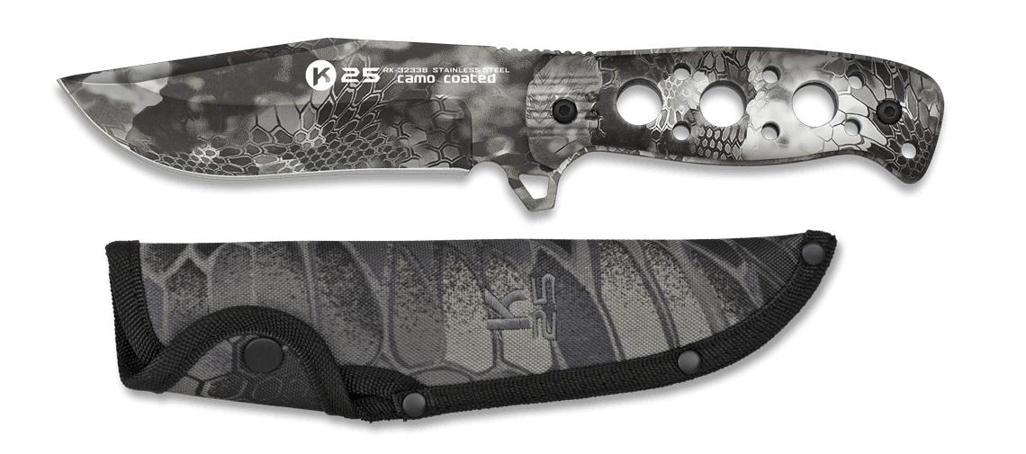 Cuchillo táctico K25 con funda de nylon, mango de aluminio gris y hoja de 13,5 cm