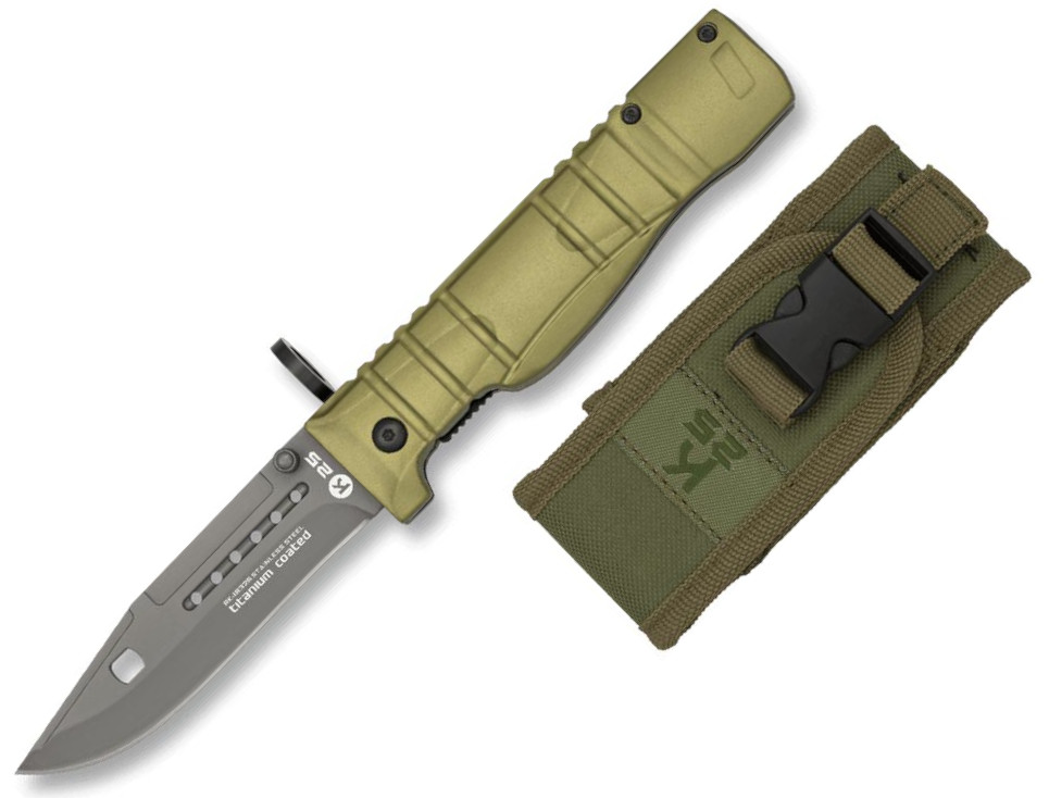 Navaja bayoneta K25 con mango de aluminio engomado de color verde y hoja de 9,3 cm