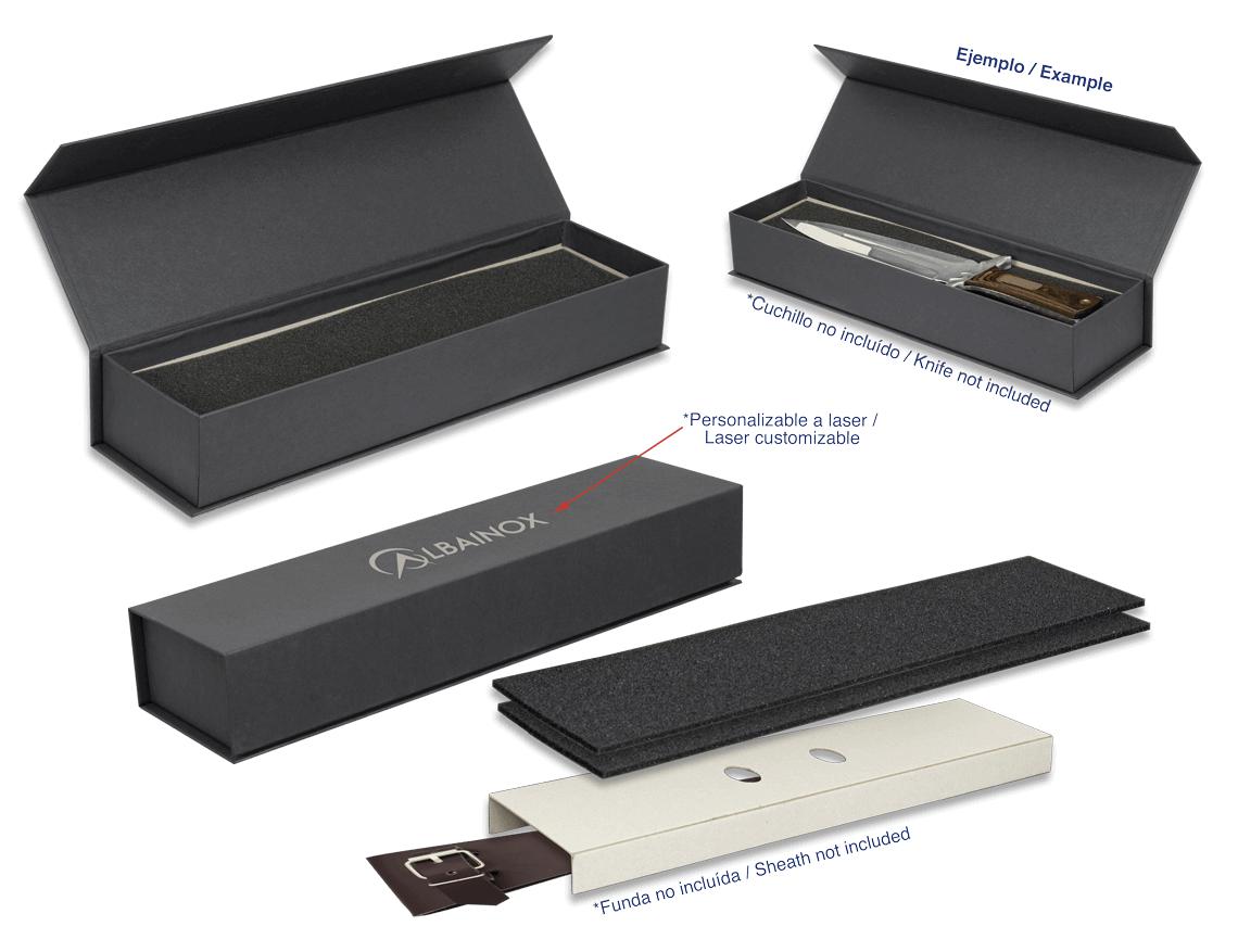Caja negra de cartón rígido, imantada, con dimensiones de 39 x 10 x 7 cm