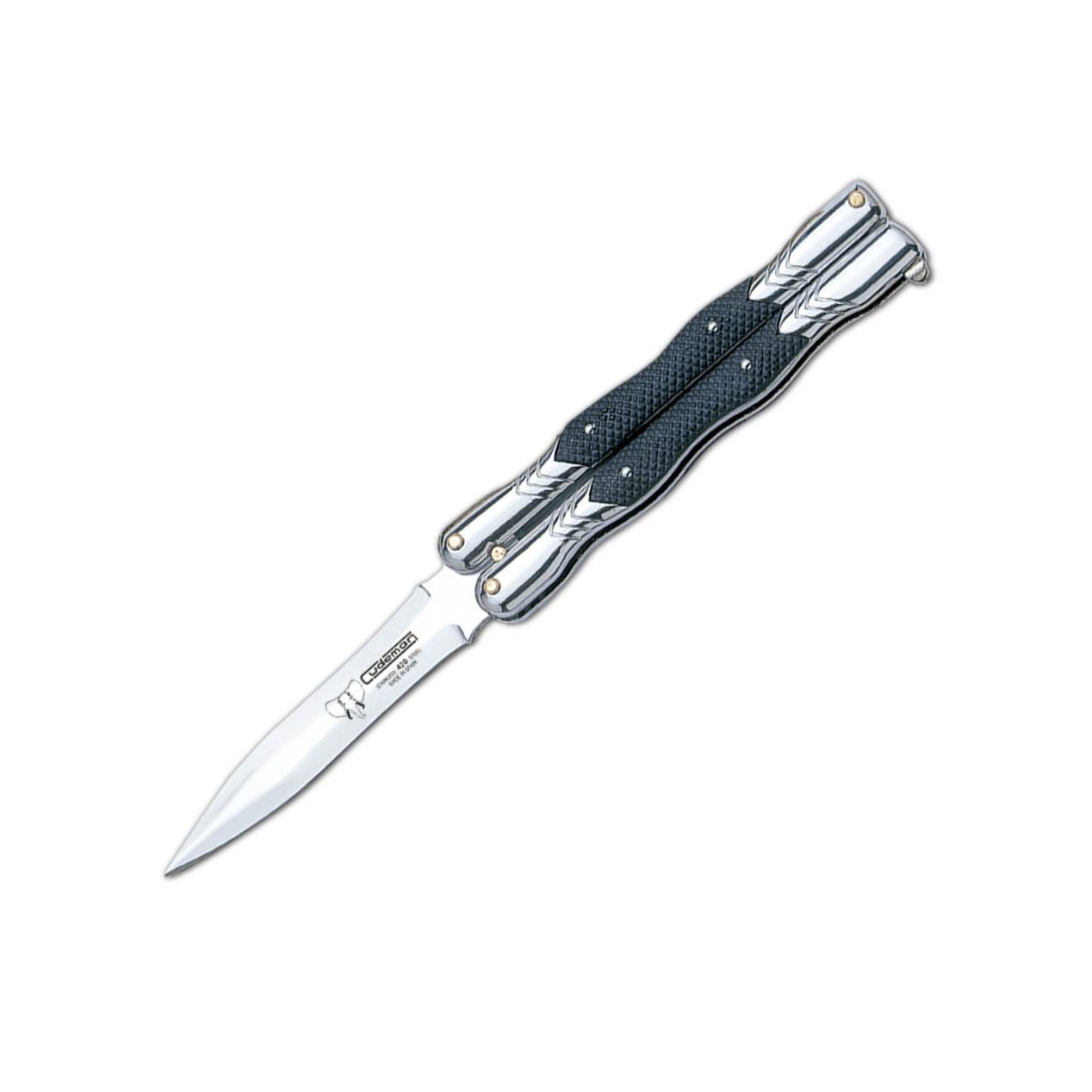 Navaja mariposa Cudeman. Mango ABS negro. 8,5 cm. Zamak plateado