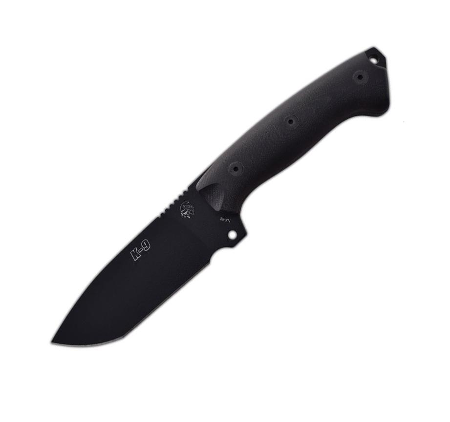 JV K9 black lacquered tactical knife with G10 handle and cordura ...