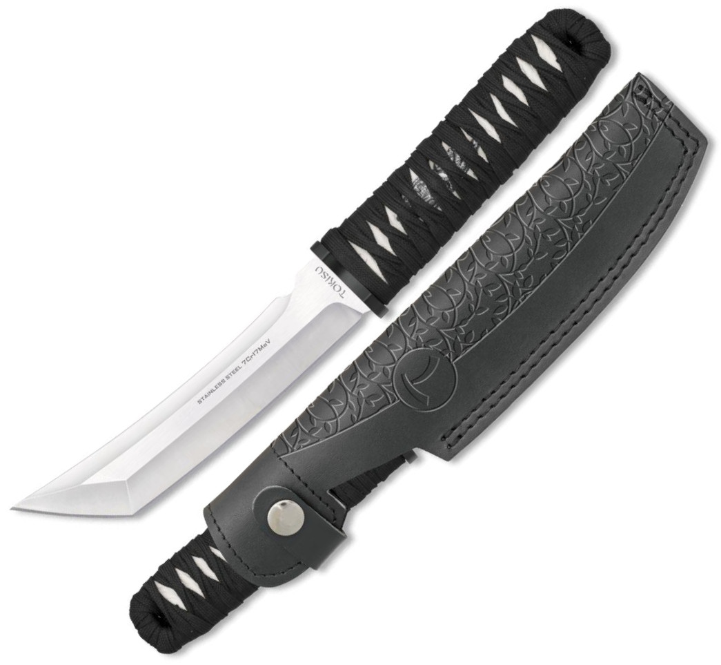 Cuchillo TOKISU con funda de piel. Longitud de hoja de 15.3 cm y longitud total de 28.8 cm