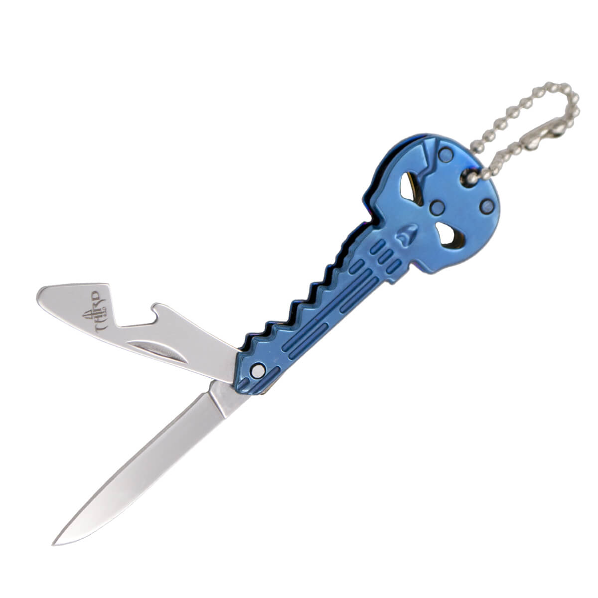Navaja llavero calavera de acero inox azul con hoja de 4,6 cm