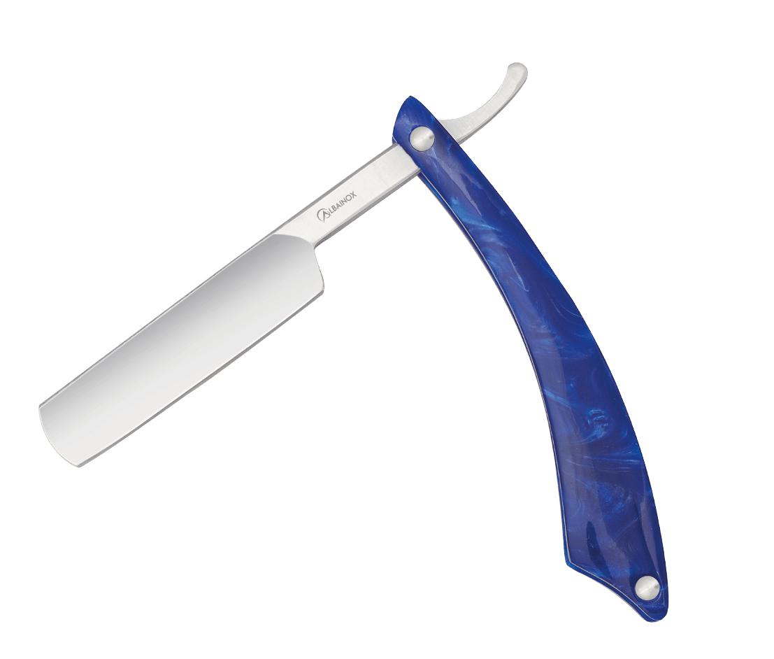 Navaja de afeitar no profesional Albainox con mango de imitación de nácar azul y hoja de 14,7 cm