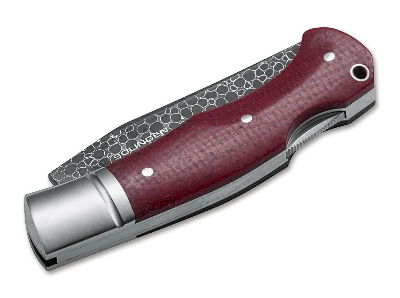 Navaja de colección Boker Boxer con hoja de acero damasco y mango de micarta roja