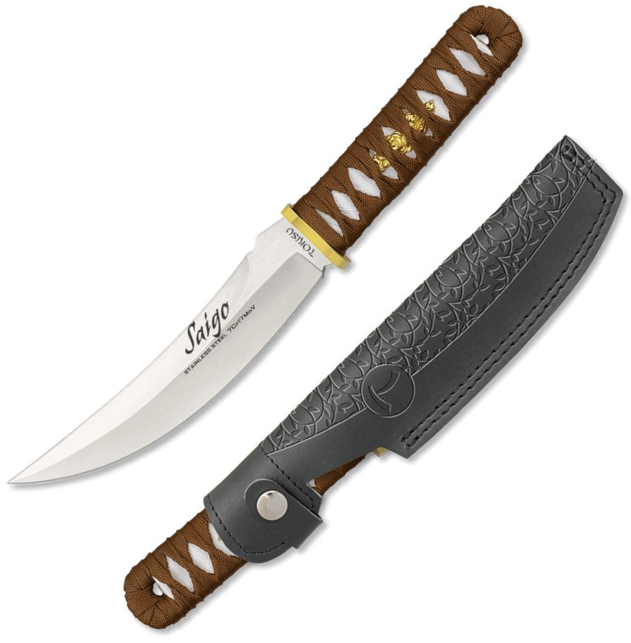 Cuchillo Tokisu Saigo con longitud total de 30.5 cm, grosor de 4.6 mm y funda de piel