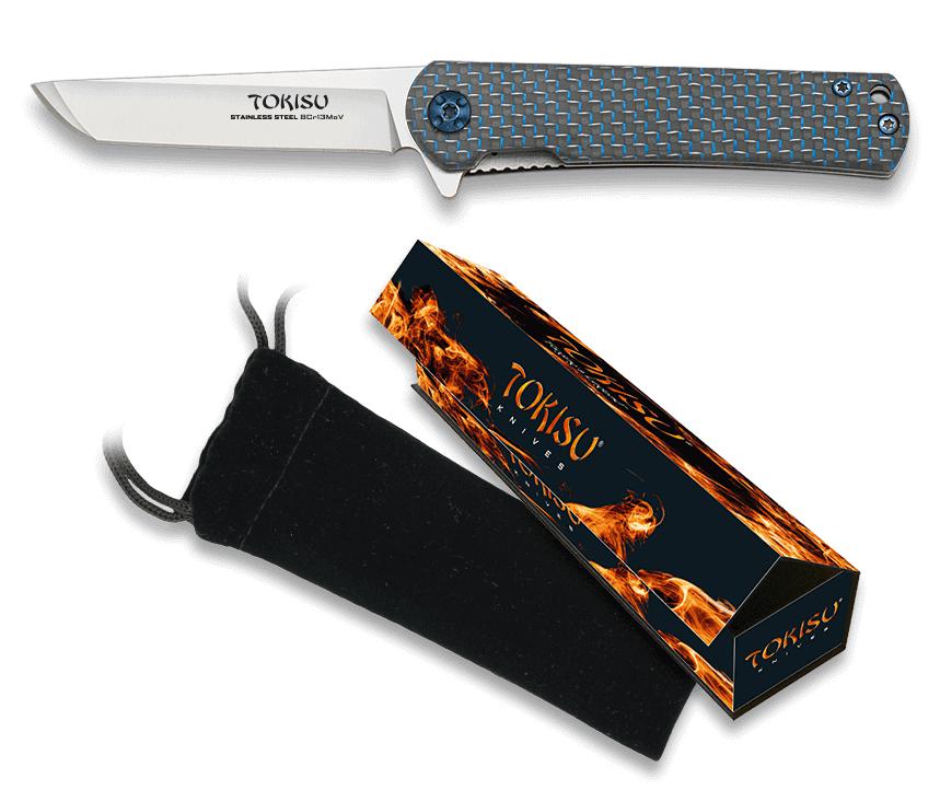 Navaja TOKISU, con hoja de 7.20 cm y mango de G10 y Fibra Carbono Azul