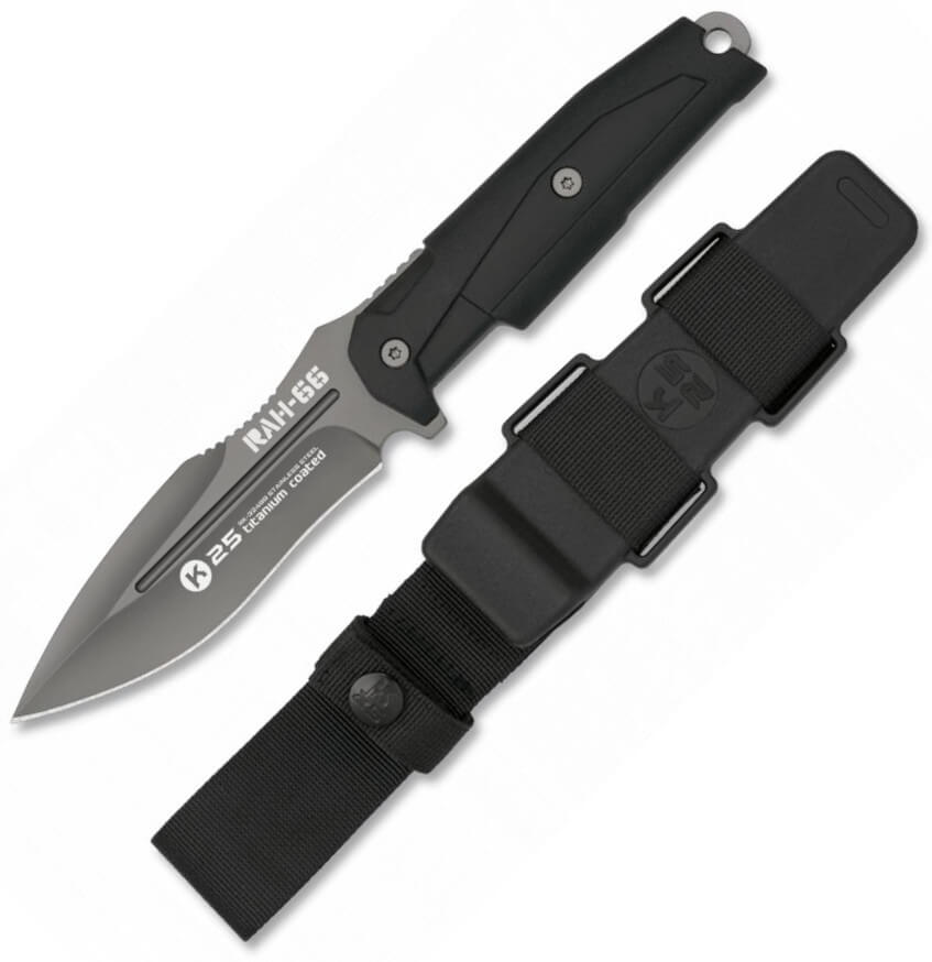 Cuchillo Táctico RAH-66, Marca: K25, con hoja de 11.50 cm y mango de Goma de color negro