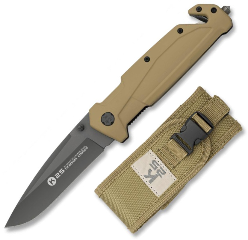 Navaja K25 con mango de goma TAN y hoja de 9 cm de largo revestida de titanio