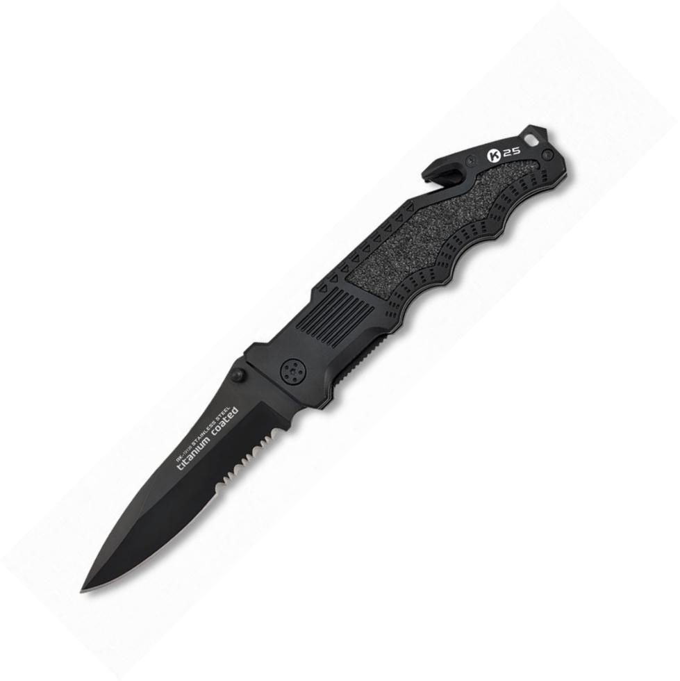Navaja táctica K25 con funda de nylon, mango de aluminio negro, clip y hoja de 10,7 cm de largo