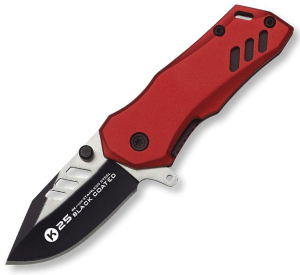 Navaja táctica K-25 con mango de aluminio rojo, clip y hoja de 5 cm