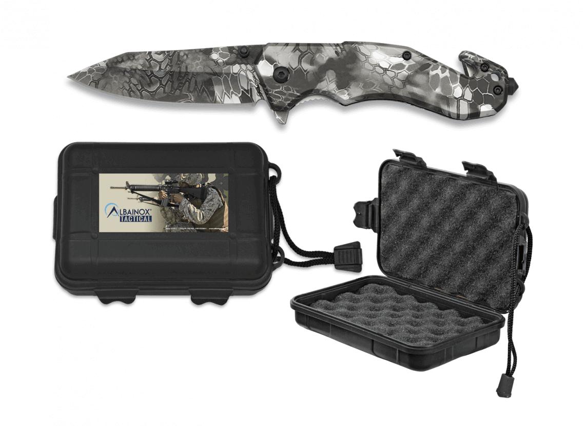 Navaja Albainox en camuflaje de pitón presentada en caja ABS con mango de ABS y hoja de 8,5 cm