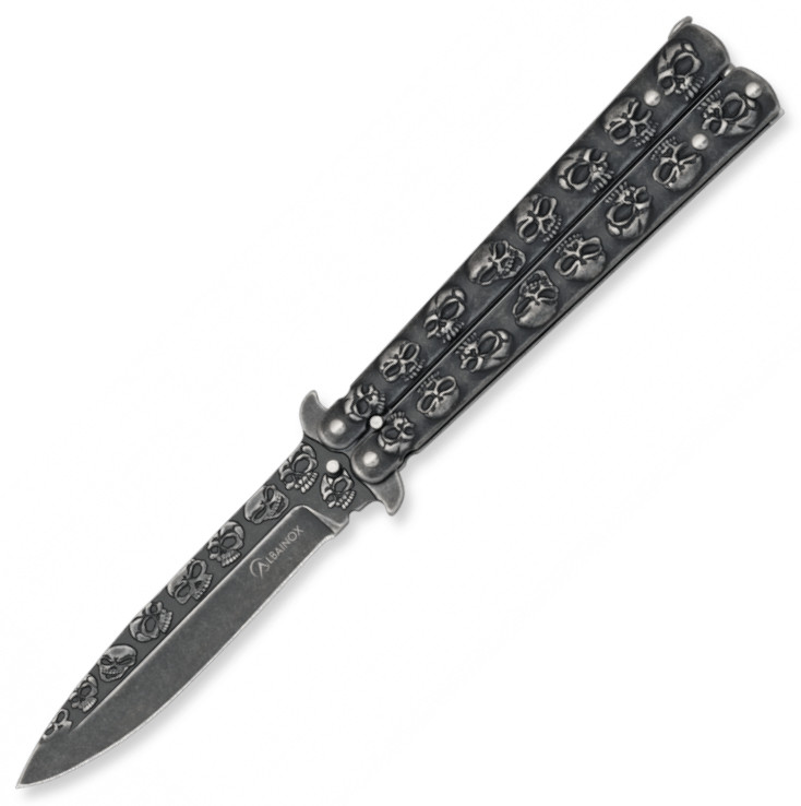 Navaja mariposa "Stone Finished" de Albainox con calaveras y hoja...