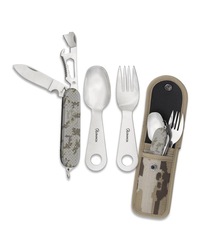 Set de cubiertos para camping de camuflaje árido con tenedor, cu...