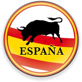 Imán redondo de cristal para frigorífico con la bandera de España y toro