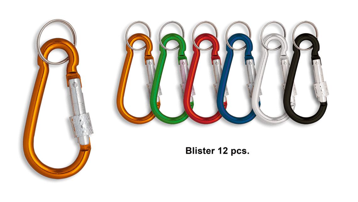 Mosquetones de colores de 7,5 cm presentados en blíster de 12 uni...