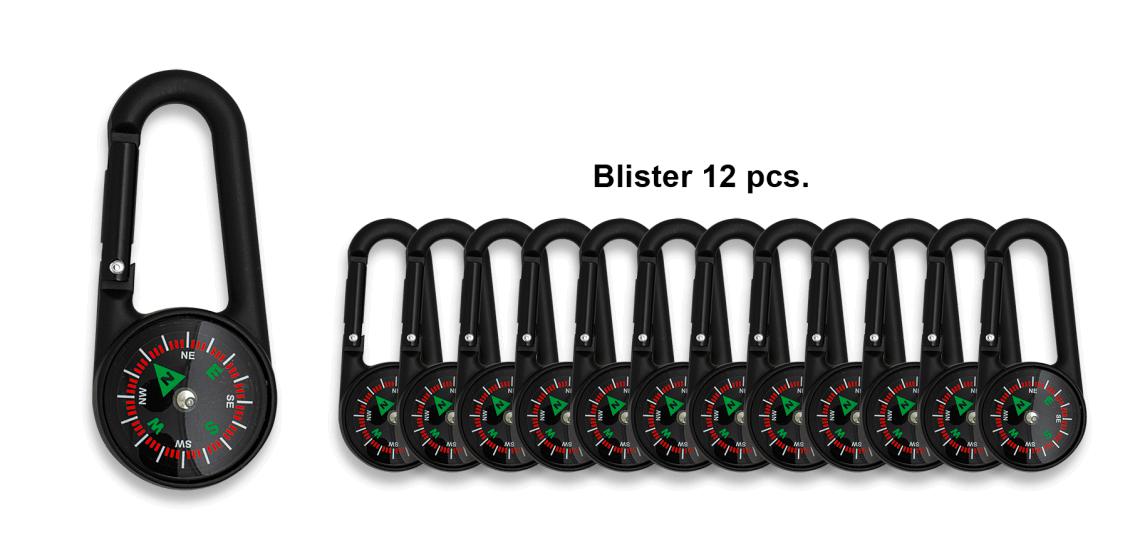 Mosquetones con brújula de 7 cm de largo presentados en blíster de 12 unidades