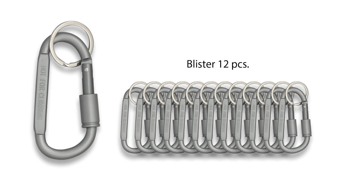 Llaveros mosquetón de color gris metal presentados en blíster d...