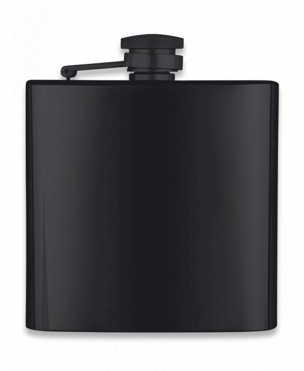 Petaca de acero inoxidable de color negro con capacidad de 6 onzas líquidas