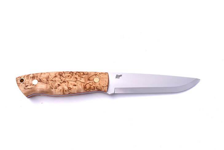Cuchillo de Bushcraft Brisa Trapper 115 scandi con mango de madera estabilizada de abedul rizado con acero Elmax y funda bushcraft con firesteel
