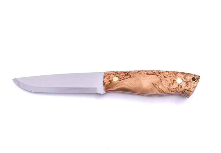 Cuchillo de Bushcraft Brisa Trapper 115 scandi con mango de madera estabilizada de abedul rizado con acero Elmax y funda bushcraft con firesteel