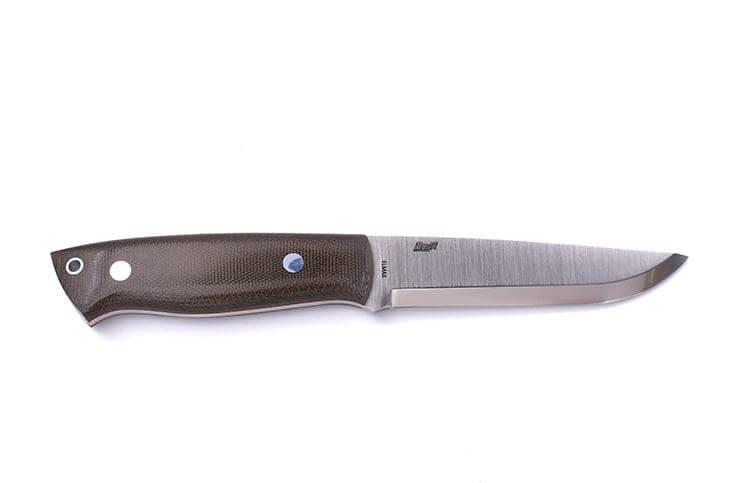 Cuchillo Brisa Trapper 115 scandi con mango de micarta verde con acero Elmax y funda bushcraft con pedernal
