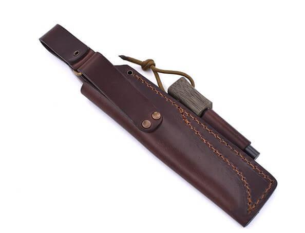Cuchillo Brisa Trapper 115 scandi con mango de micarta verde con acero Elmax y funda bushcraft con pedernal
