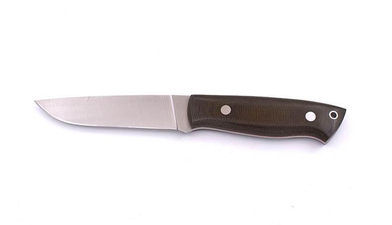 Brisa trapper 115 con mango de micarta verde y hoja flat de acero Elmax con funda bushcraft con pedernal