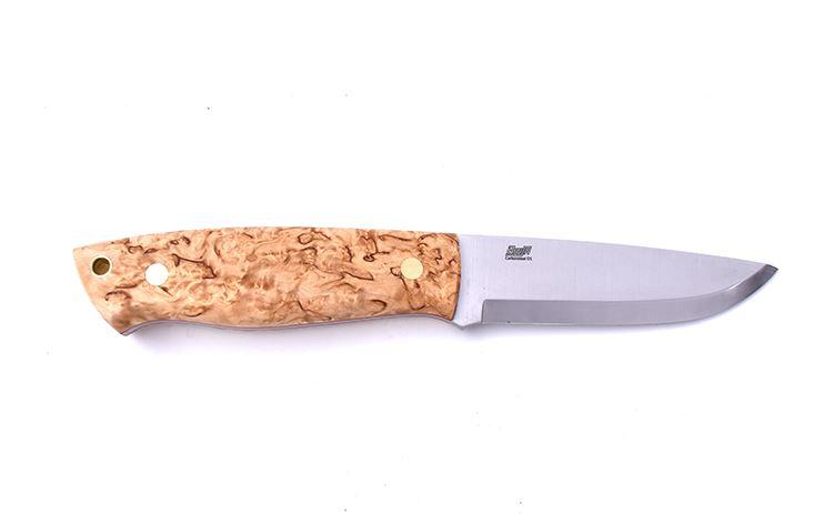Brisa Trapper 95 con mango de madera de abedul rizado estabilizada y hoja scandi de acero carbono O1 con funda bushcraft