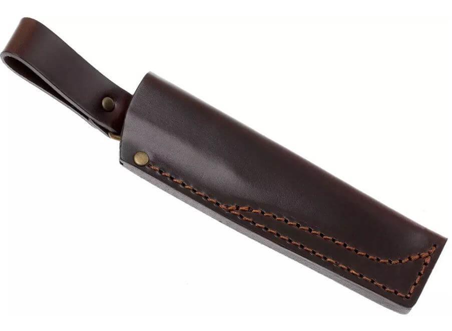 Brisa Trapper 95 con mango de madera de abedul rizado estabilizada y hoja scandi de acero carbono O1 con funda bushcraft