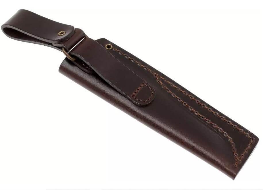 Brisa Trapper 95 con mango de madera de abedul rizado estabilizada y hoja scandi de acero carbono O1 con funda bushcraft