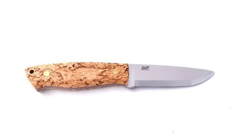Brisa Trapper 95 con mango de madera estabilizada de abedul rizado y hoja scandi de acero N690Co con funda Trapper