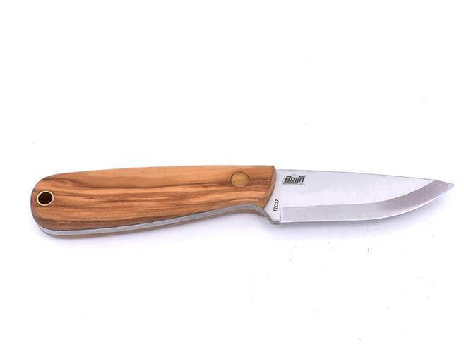 Cuchillo de cuello Brisa Necker 70 Scandi con puño de madera de olivo y funda piel